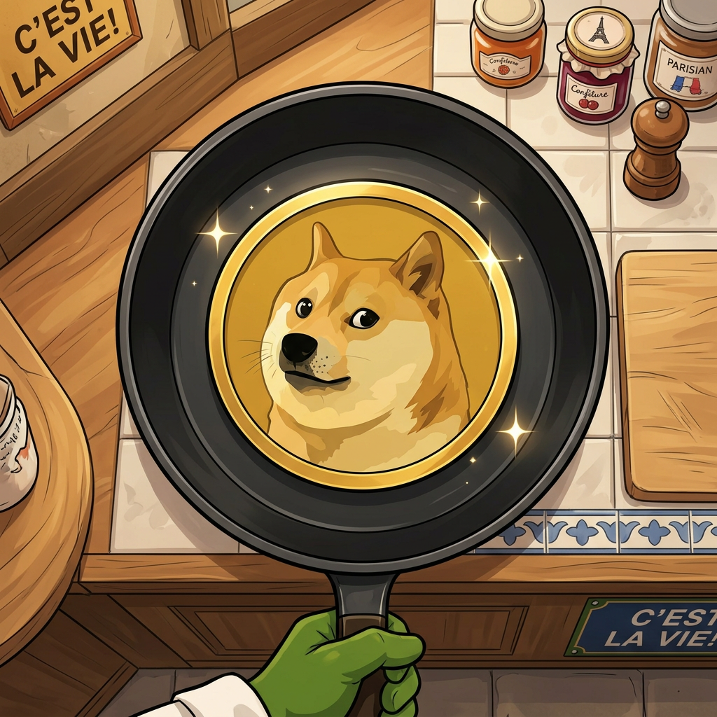 Bird's eye view of Crêpe Pepe holding a pan with a golden Dogecoin inside