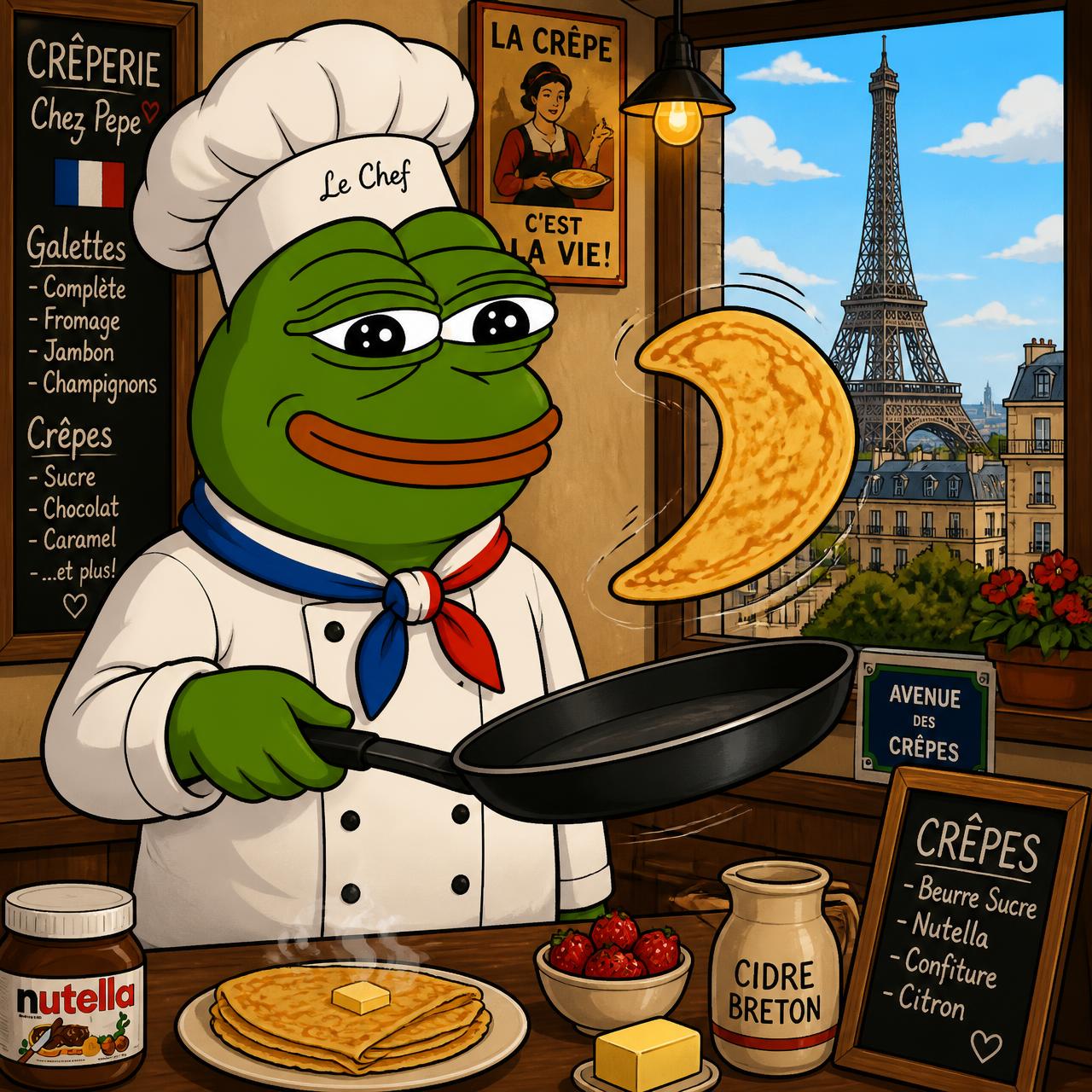 Crêpe Pepe, a green frog chef in a toque, flipping a crêpe in a Parisian créperie
