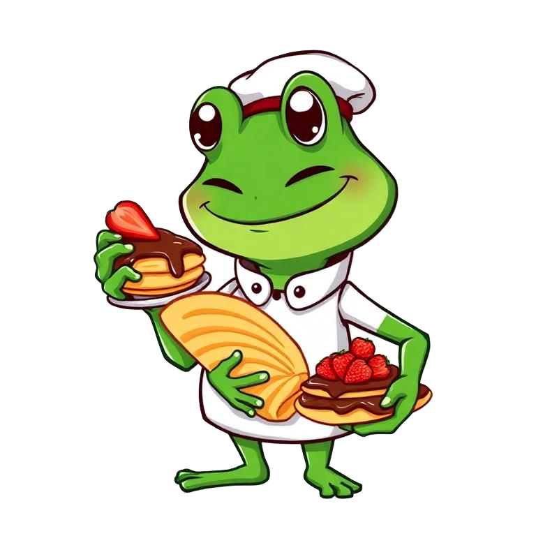 Crêpe Pepe holding plates of crêpes with chocolate and strawberries